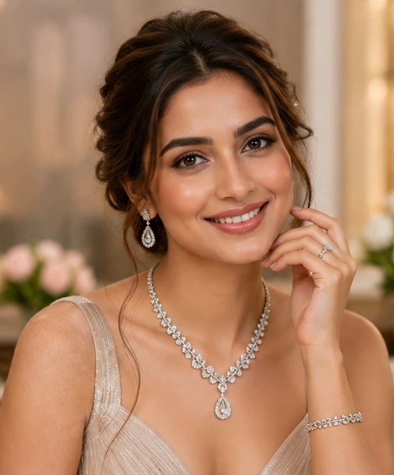 Elegant smiling model wearing diamond jewellery by Brahmani Gems